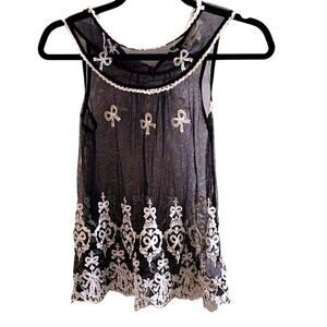 MONTEAU Sheer Embroidered Babydoll Top Sz S Black Sleeveless Coquette Goth Fairy